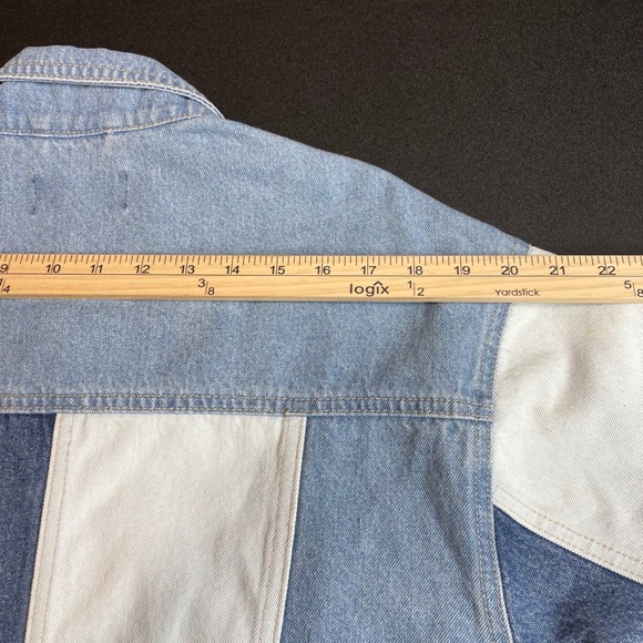 VIGOSS Women's Patchwork Denim Jacket Size L Blue White Long Sleeve Cropped - Picture 9 of 11
